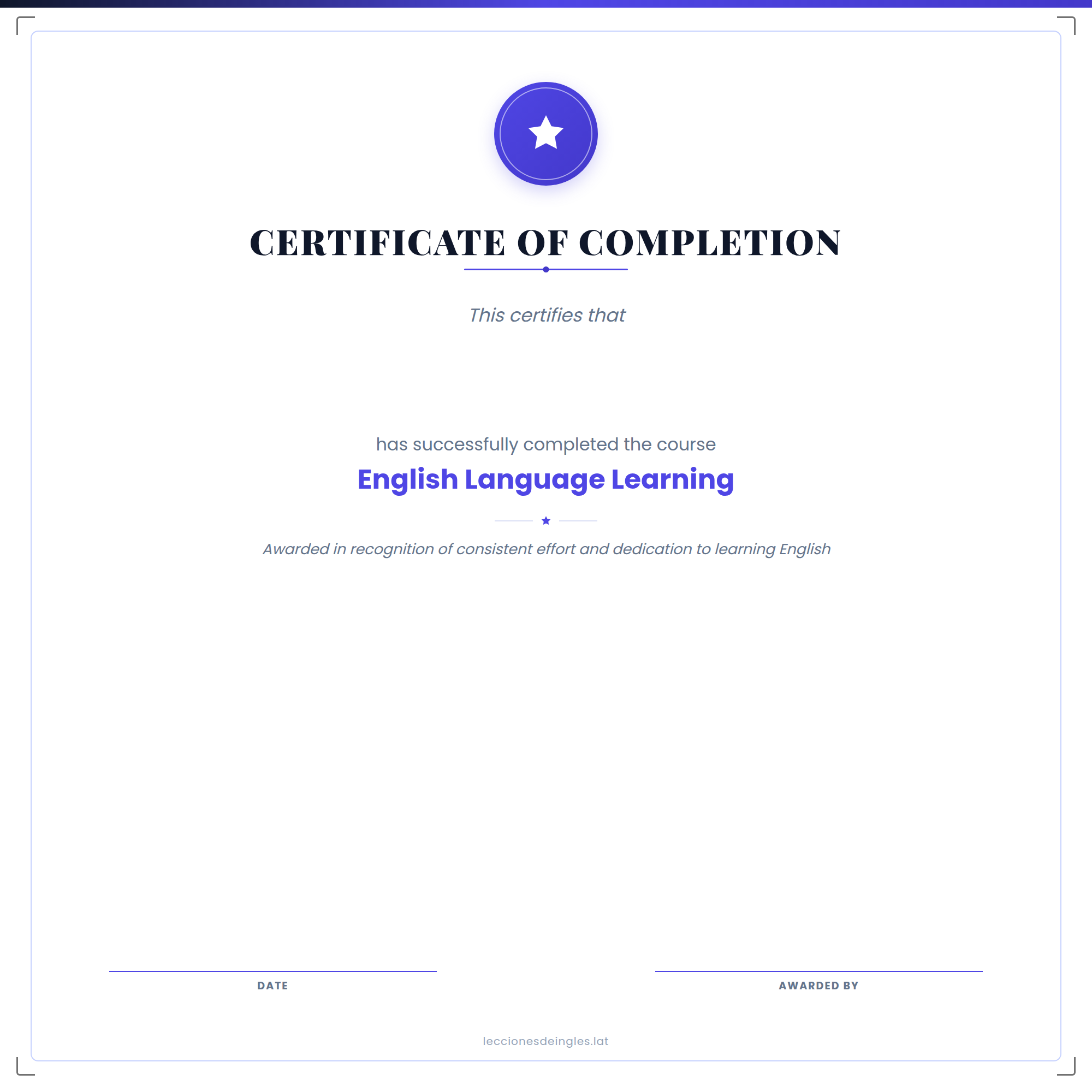 Certificado de aprobación Lecciones de inglés